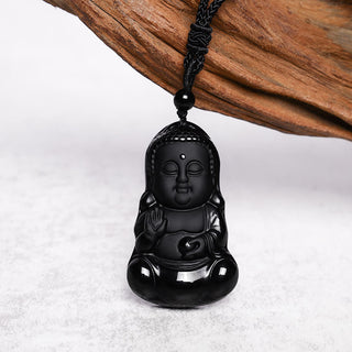 Buddha Gift Natural Black Obsidian Crystal Buddha Strength Protection Amulet Lucky Charm Pendant Necklace