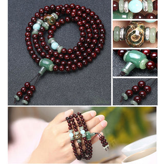 Buddha Gift 108 Beads Small Leaf Red Sandalwood Green Aventurine Amazonite Luck Healing Bracelet Mala