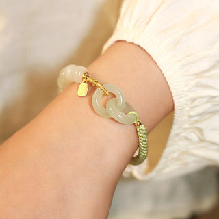 Buddha Gift Natural Hetian Jade Bead Double Peace Buckle Fu Character Abundance Braided Bracelet