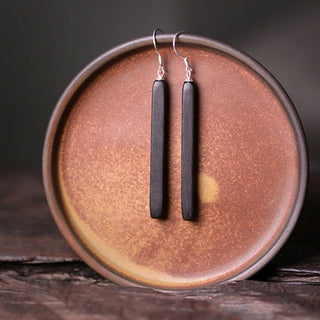 Buddha Gift 925 Sterling Silver Ebony Wood Texture Balance Peace Drop Dangle Earrings
