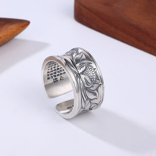 Buddha Gift 999 Sterling Silver Lotus Flower Heart Sutra Protection Ring
