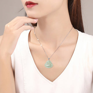 Buddha Gift 925 Sterling Silver Natural Jade Laughing Buddha Prosperity Abundance Chain Necklace Pendant