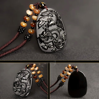 Buddha Gift Black Obsidian Tiger Eye Dragon Phoenix Protection Beaded Necklace Pendant