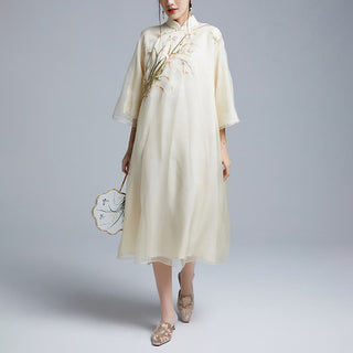 Buddha Gift 100% Mulberry Silk 6 Momme Dress Vintage Flower Butterfly Embroidery Qipao Dress Women's Cheongsam Dress
