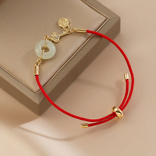 Buddha Gift 18K Gold Plated Hetian Jade Peace Buckle Fu Character Luck Red Rope Bracelet