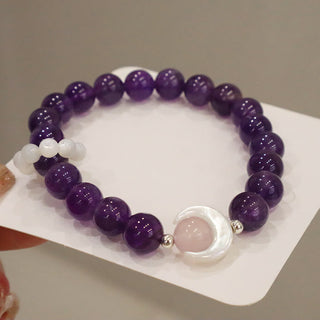 Buddha Gift 925 Sterling Silver Natural Amethyst Aquamarine Pink Crystal Cat's Eye Healing Crescent Moon Bracelet