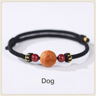 Buddha Gift Natural Peach Wood Chinese Zodiac Fu Character Carved Cinnabar Wealth Bracelet