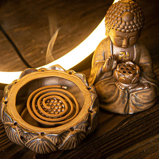 Buddha Gift Buddha Lotus Backflow Smoke Fountain Ceramic Blessing Incense Burner With Light Decoration