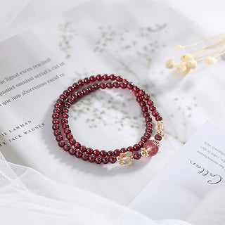 Buddha Gift 14K Gold Plated Natural Garnet Strawberry Quartz Butterfly Protection Double Wrap Bracelet