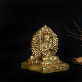 Buddha Gift Chenrezig Thousand-handed Avalokitesvara Figurine Double-sided Kuan Yin Bodhisattva Protection Solid Copper Statue Decoration