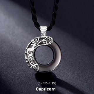 Buddha Gift 12 Constellations of the Zodiac Ice Obsidian Blessing Round Pendant Necklace