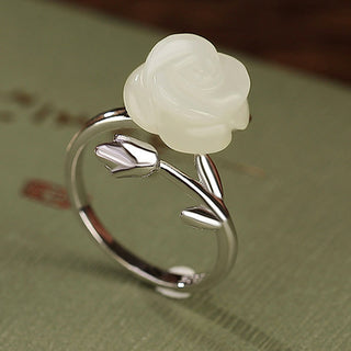 Buddha Gift 925 Sterling Silver Plated Gold Rose Flower Hetian White Jade Happiness Ring