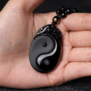 Buddha Gift Natural Black Obsidian Yin Yang Fulfilment Strength Necklace Pendant