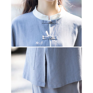 Buddha Gift 2Pcs Frog-Button Long Sleeve Shirt Top Pants Meditation Zen Tai Chi Cotton Linen Clothing Women's Set