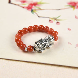 Buddha Gift 925 Sterling Silver Natural Garnet Moonstone Red Agate PiXiu Wealth Ring