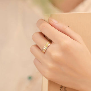 Buddha Gift 999 Sterling Silver Gold-Painted Joyful Flower Pattern Peaceful Heart Sutra Ring