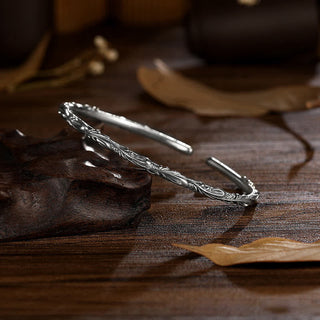 Buddha Gift 925 Sterling Silver Handmade Vines Engraved Protection Bracelet Bangle