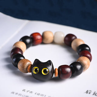 Buddha Gift Small Leaf Red Sandalwood Ebony Wood Cute Cat Engraved Protection Bracelet
