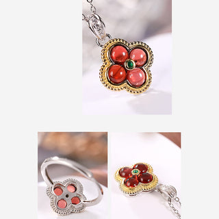 Buddha Gift 925 Sterling Silver Natural Garnet Four-leaf Clover Protection Necklace Pendant Ring