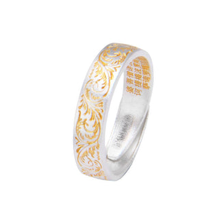 Buddha Gift 999 Sterling Silver Gold-Painted Joyful Flower Pattern Peaceful Heart Sutra Ring