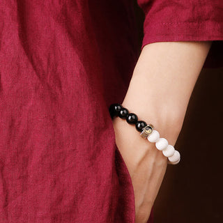 Buddha Gift 925 Sterling Silver Black Obsidian White Shell Yin Yang Strength Bracelet