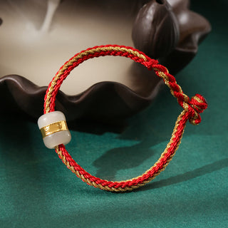 Buddha Gift 999 Gold Hetian White Jade Om Mani Padme Hum Fu Character Luck Braided Bracelet
