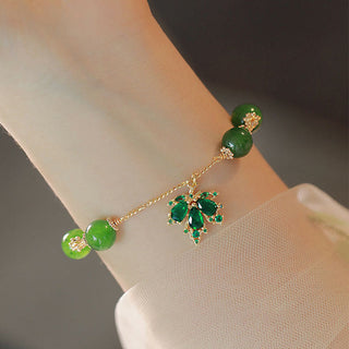 Buddha Gift 14k Gold Plated Green Chalcedony Maple Leaf Courage Strength Bracelet