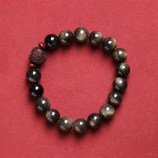 Buddha Gift Natural Gold Sheen Obsidian Rainbow Obsidian Om Mani Padme Hum Fu Character Healing Bracelet