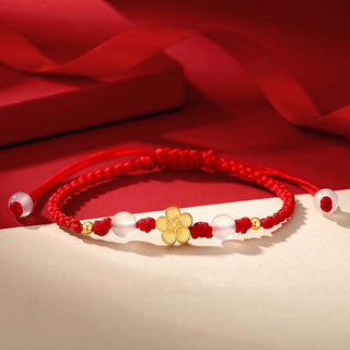 Buddha Gift Handmade 925 Sterling Silver Peach Blossom Cherry Sakura Chalcedony Bead Luck Red Rope Bracelet