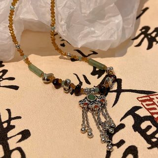 Buddha Gift Tibetan Crystal Stone Copper Luck Tassel Necklace Pendant