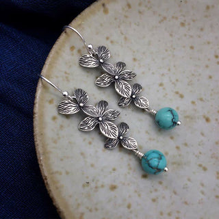 Buddha Gift 925 Sterling Silver Turquoise Lazurite Flower Leaf Serenity Protection Hook Drop Dangle Earrings