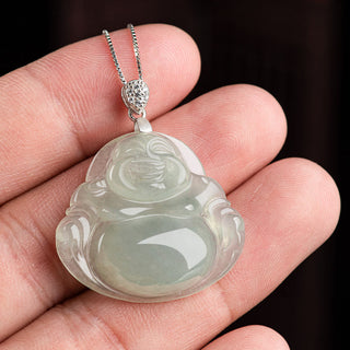 Buddha Gift 925 Sterling Silver Natural Jade Laughing Buddha Prosperity Abundance Chain Necklace Pendant
