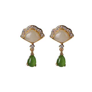 Buddha Gift White Jade Cyan Jade Fan Water Drop Pattern Luck Drop Earrings