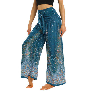 Buddha Gift Boho Peacock Feathers Lace-up Wide Leg Pants Women's Yoga Pants