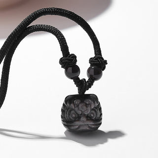 Buddha Gift Natural Silver Sheen Obsidian Red Agate Dancing Lion Protection Necklace Pendant
