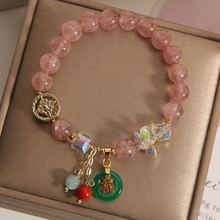Buddha Gift Strawberry Quartz Jade Fu Character Charm Healing Bracelet