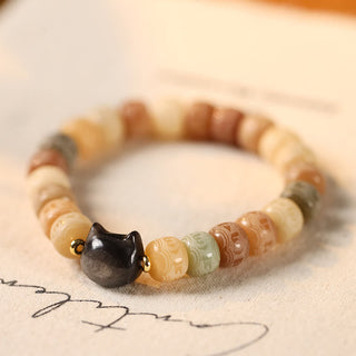 Buddha Gift Bodhi Seed Silver Sheen Obsidian Cat Head Om Mani Padme Hum Engraved Harmony Bracelet
