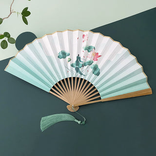 Buddha Gift Retro Lotus Flower Leaf Mountain Lake Handheld Folding Fan With Bamboo Frames
