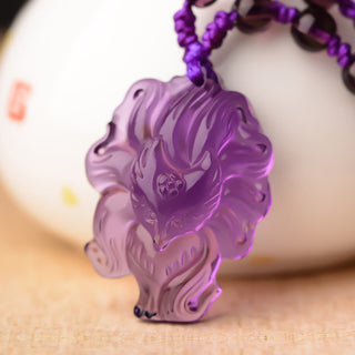 Buddha Gift Natural Amethyst White Crystal Citrine Nine Tailed Fox Luck Necklace Pendant