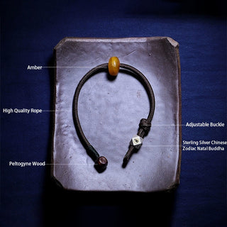 Buddha Gift 925 Sterling Silver Chinese Zodiac Natal Buddha Natural Amber Clear Anxiety Bracelet