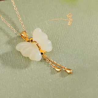 Buddha Gift 925 Sterling Silver Plated Gold Hetian White Jade Butterfly Blessing Necklace Pendant