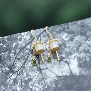 Buddha Gift 925 Sterling Silver Jade Prayer Wheel Luck Drop Earrings