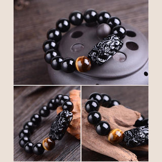 Buddha Gift Natural Black Obsidian PiXiu Tiger's Eye Strength Bracelet