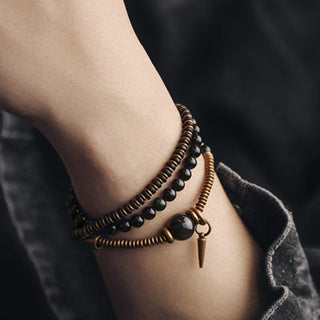 Buddha Gift Rainbow Obsidian Ebony Wood Copper Healing Triple Wrap Bracelet