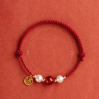 Buddha Gift 925 Sterling Silver Good Fortune Fu Character Agate Pearl Red String Braid Bracelet