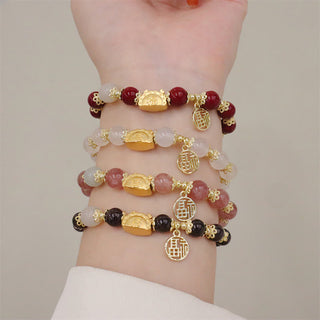 Buddha Gift Year Of The Dragon Red Agate Strawberry Quartz Black Obsidian Jade Garnet Pearl Cinnabar Dumpling Dragon Luck Fu Character Bracelet
