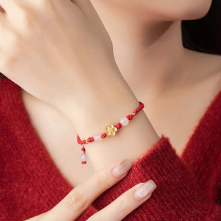 Buddha Gift Handmade 925 Sterling Silver Peach Blossom Cherry Sakura Chalcedony Bead Luck Red Rope Bracelet