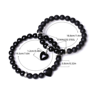 Buddha Gift 2Pcs Black Onyx Crystal Stone Love Heart Protection Support Couple Bracelet