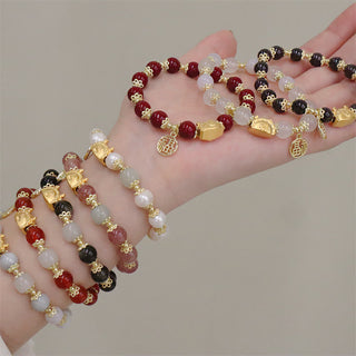 Buddha Gift Year Of The Dragon Red Agate Strawberry Quartz Black Obsidian Jade Garnet Pearl Cinnabar Dumpling Dragon Luck Fu Character Bracelet