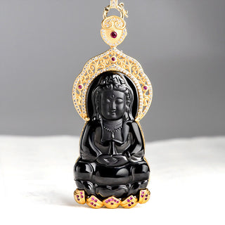 Buddha Gift 925 Sterling Silver Natural Black Jade Kwan Yin Avalokitesvara Wealth Necklace Pendant